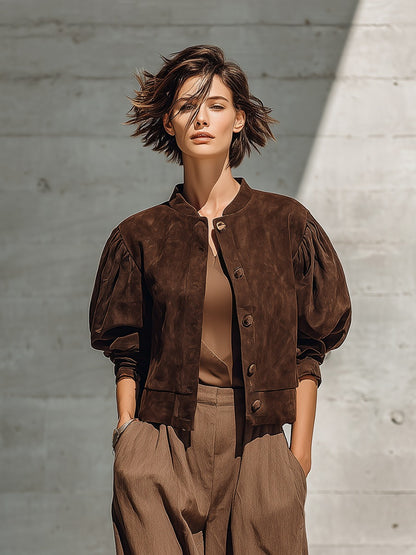 Suede Puff Sleeve Cropped Jacket
