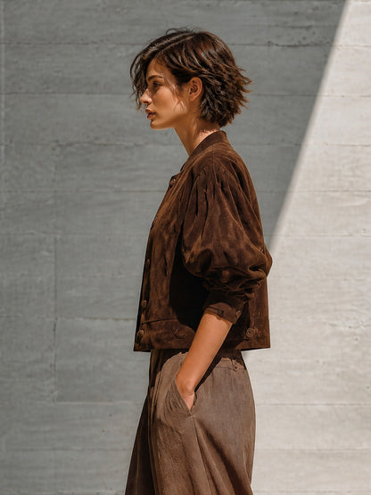 Suede Puff Sleeve Cropped Jacket