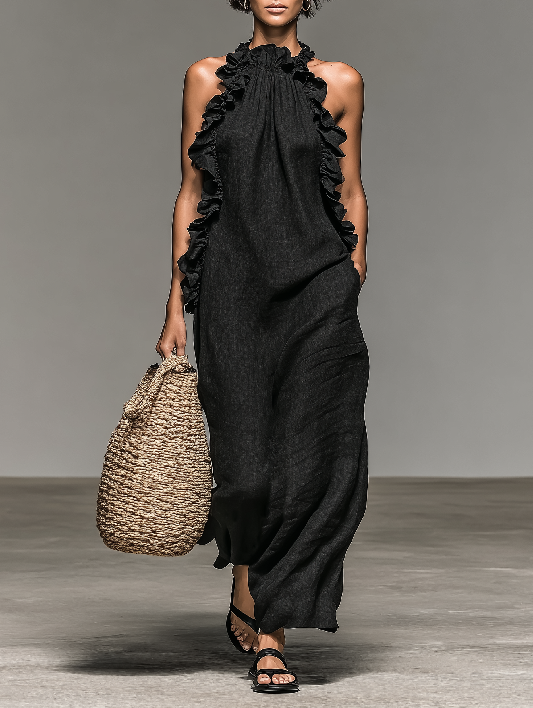 Black - Model walking in a sleeveless, textured maxi dress with a ruffled halter neckline, carrying a woven straw bag.