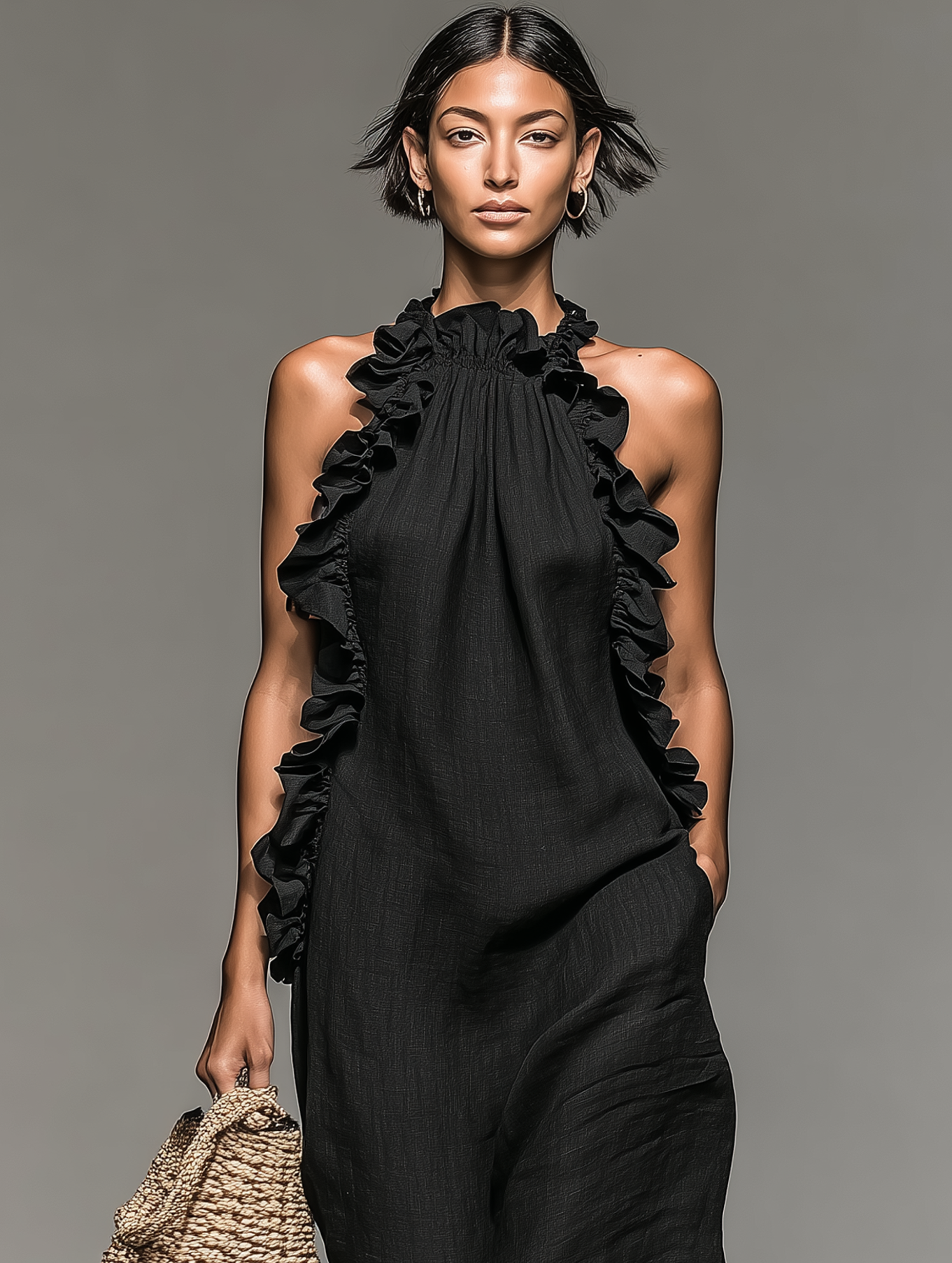 Purple - Model walking in a sleeveless, textured maxi dress with a ruffled halter neckline, carrying a woven straw bag.