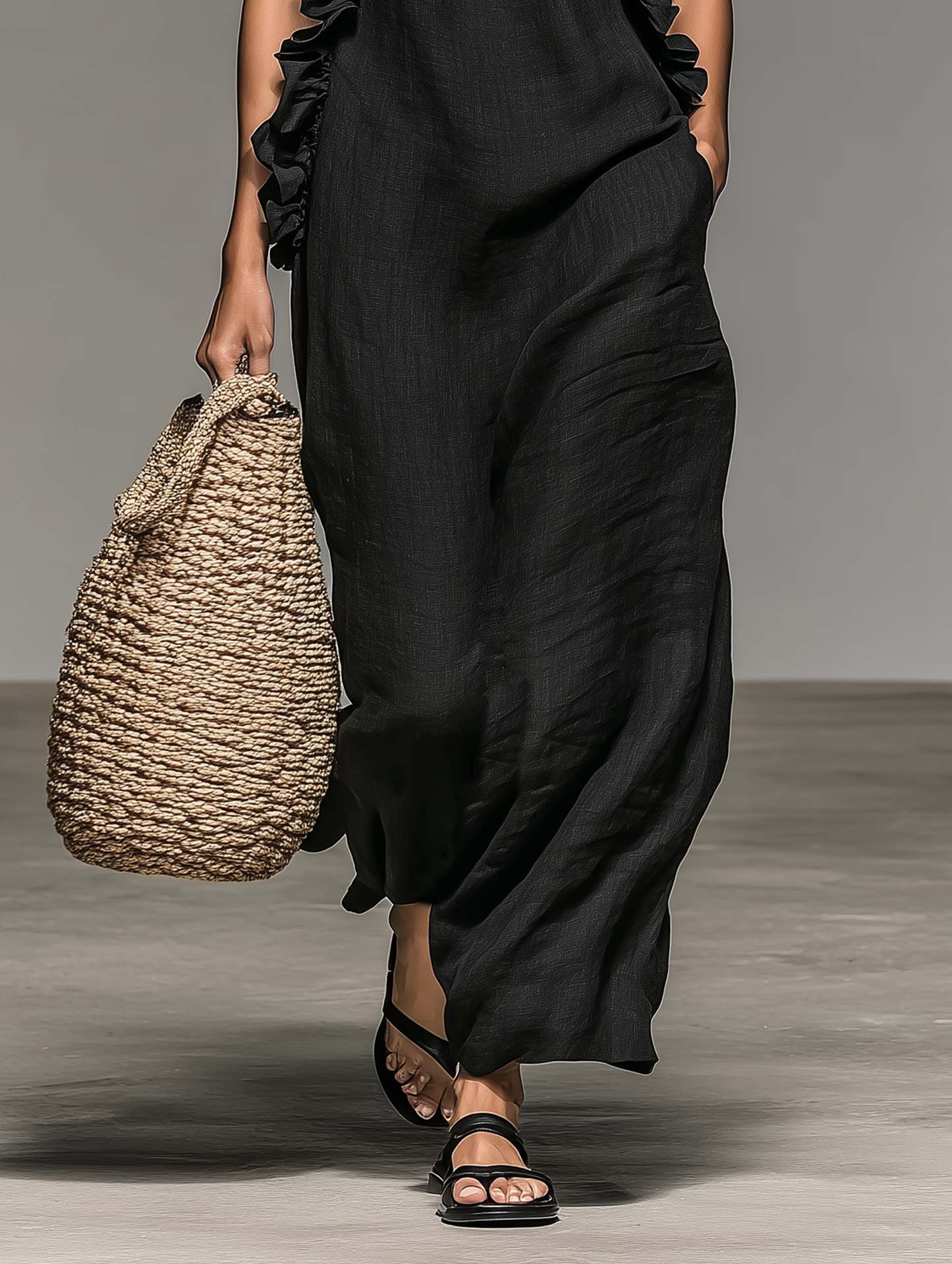 Purple - Model walking in a sleeveless, textured maxi dress with a ruffled halter neckline, carrying a woven straw bag.