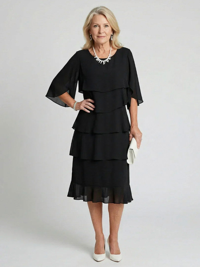 Tiered Chiffon Cape Midi Dress