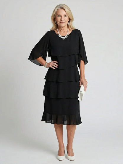 Tiered Chiffon Cape Midi Dress