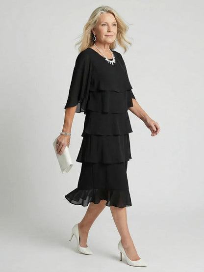 Tiered Chiffon Cape Midi Dress