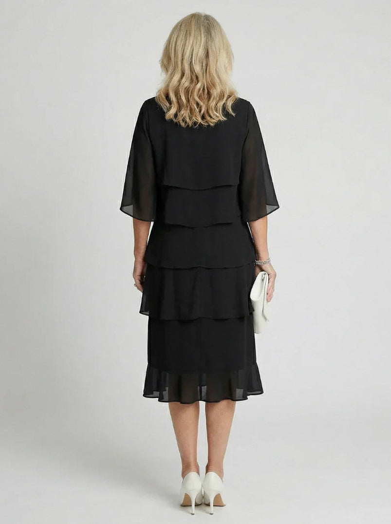 Tiered Chiffon Cape Midi Dress