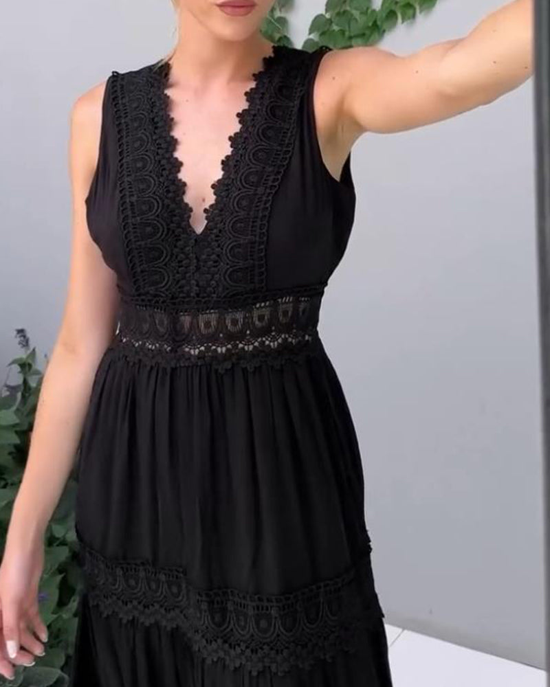 White - Woman wearing a sleeveless V-neck tiered maxi sundress featuring intricate crochet waist paneling and trim details.