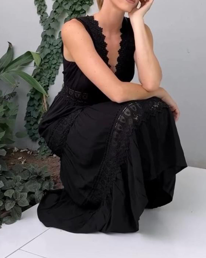 White - Woman wearing a sleeveless V-neck tiered maxi sundress featuring intricate crochet waist paneling and trim details.