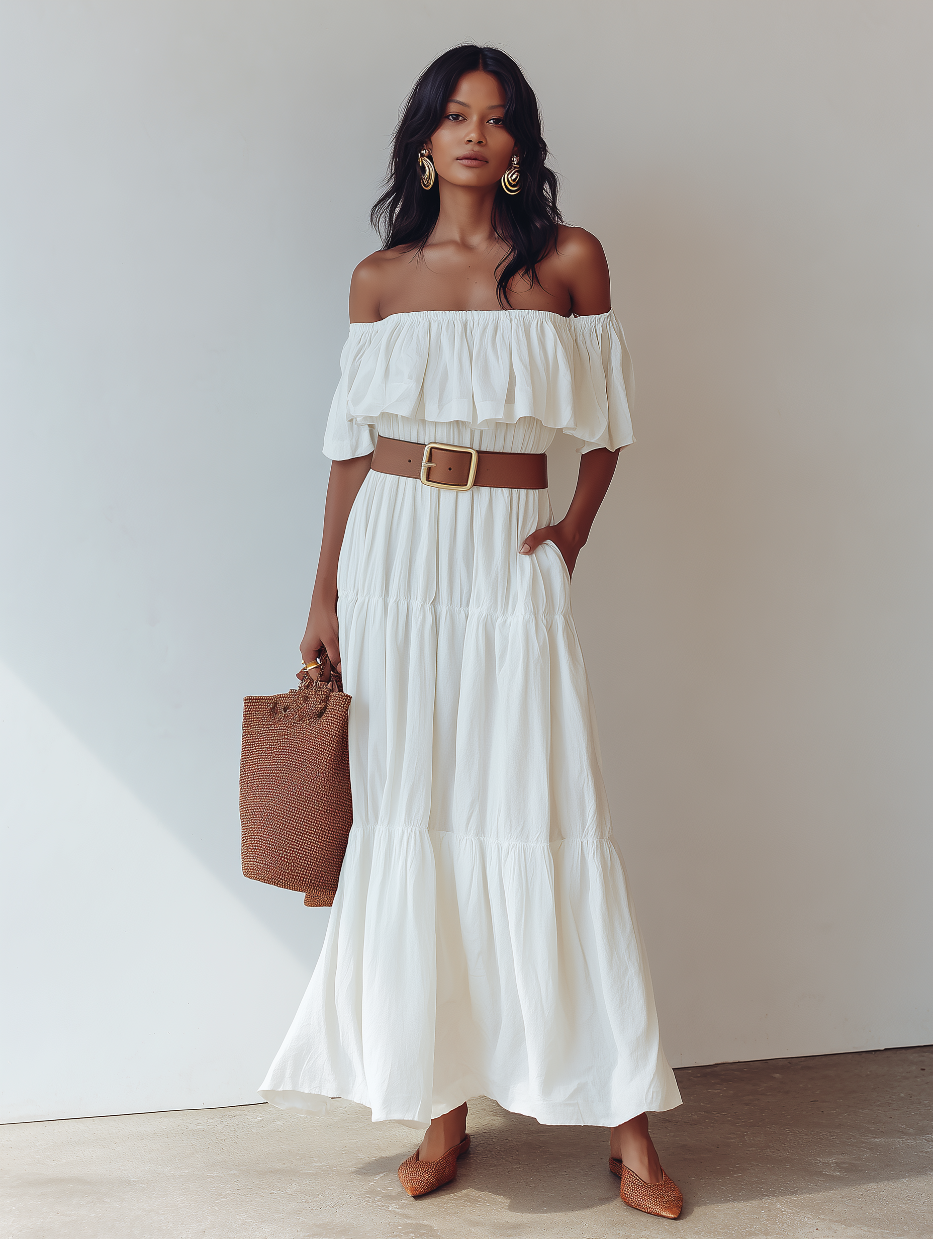 White - Woman wearing an off-the-shoulder tiered maxi dress with a ruffle neckline, styled with a wide belt and woven accessories.