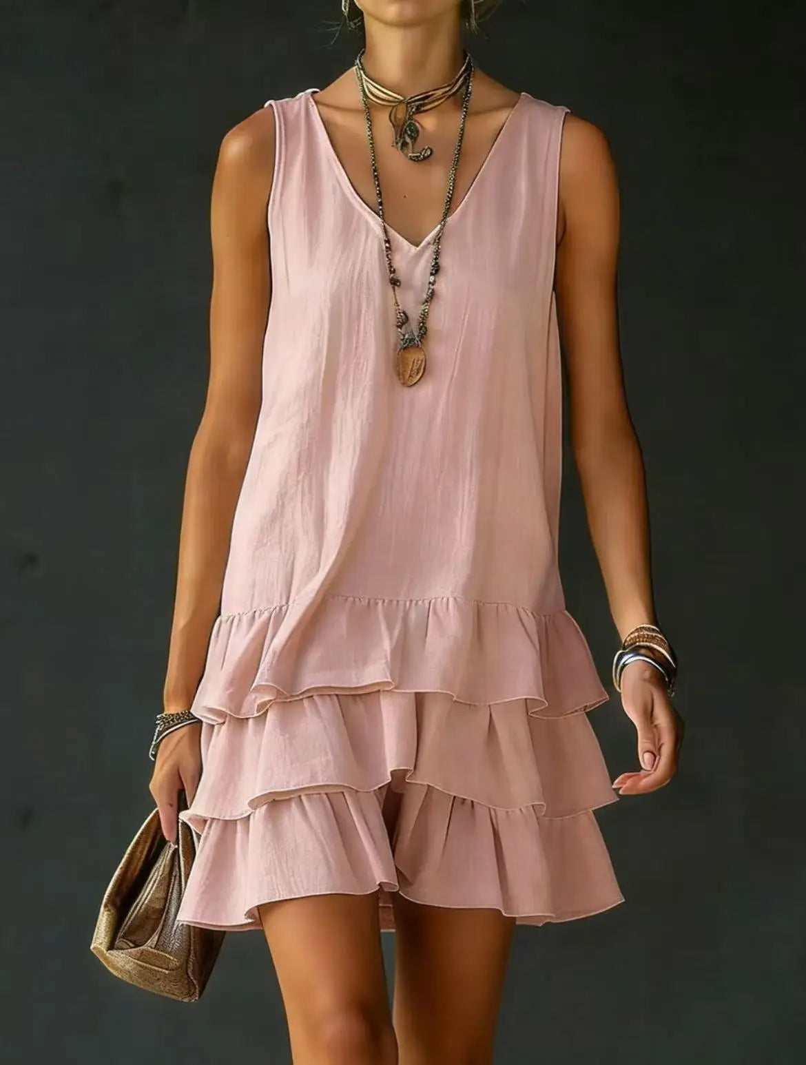 Pink - Sleeveless V-neck mini dress featuring a tiered ruffle skirt in a lightweight matte fabric