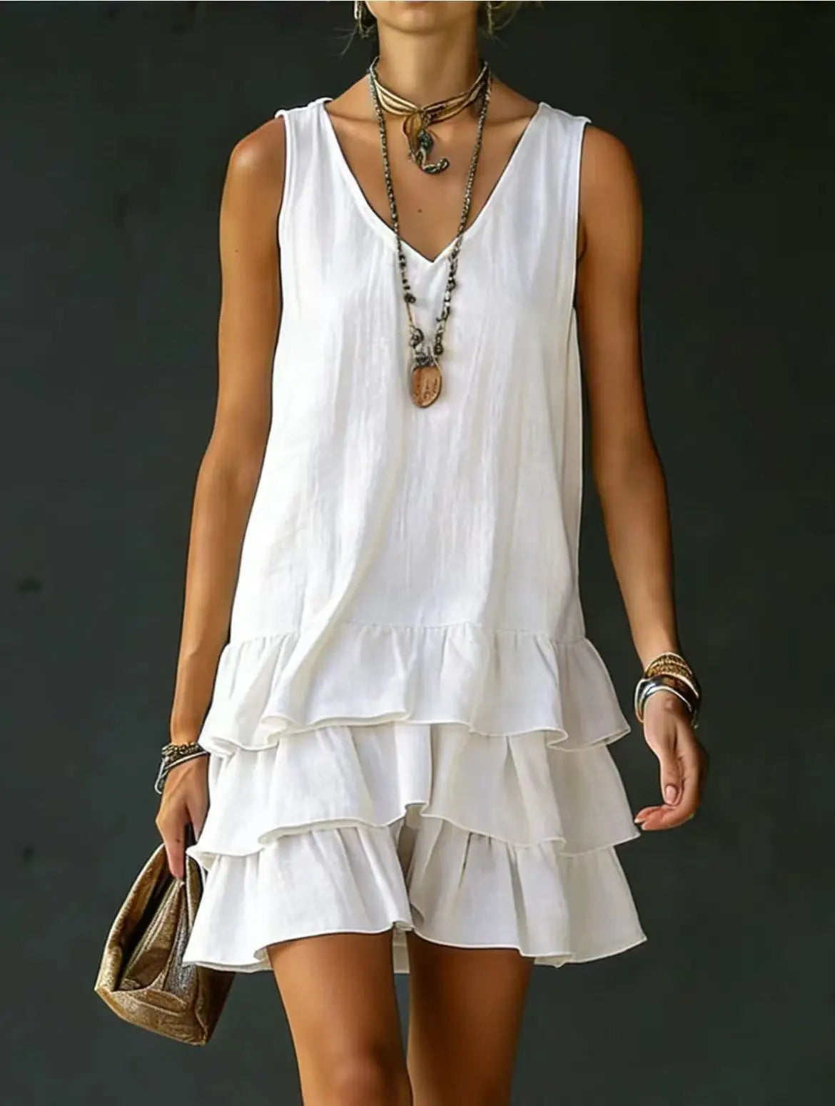 White - Sleeveless V-neck mini dress featuring a tiered ruffle skirt in a lightweight matte fabric