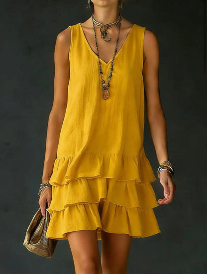 Yellow - Sleeveless V-neck mini dress featuring a tiered ruffle skirt in a lightweight matte fabric