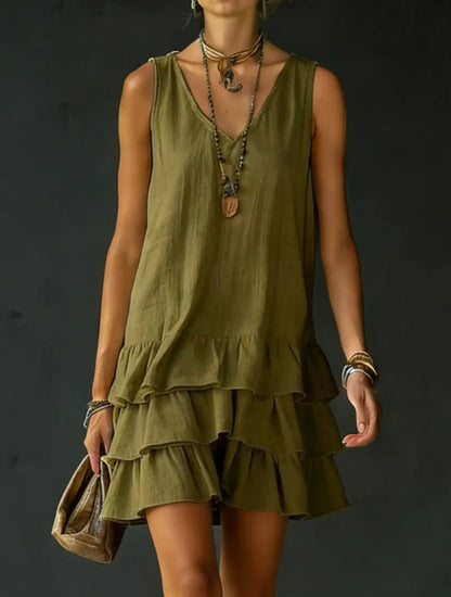Green - Sleeveless V-neck mini dress featuring a tiered ruffle skirt in a lightweight matte fabric