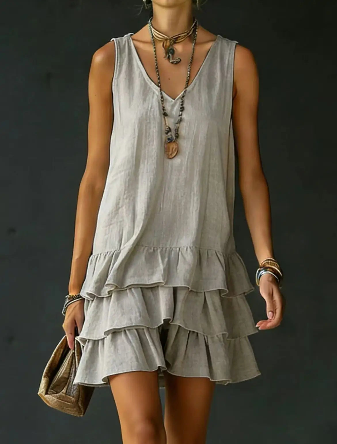 Gray - Sleeveless V-neck mini dress featuring a tiered ruffle skirt in a lightweight matte fabric