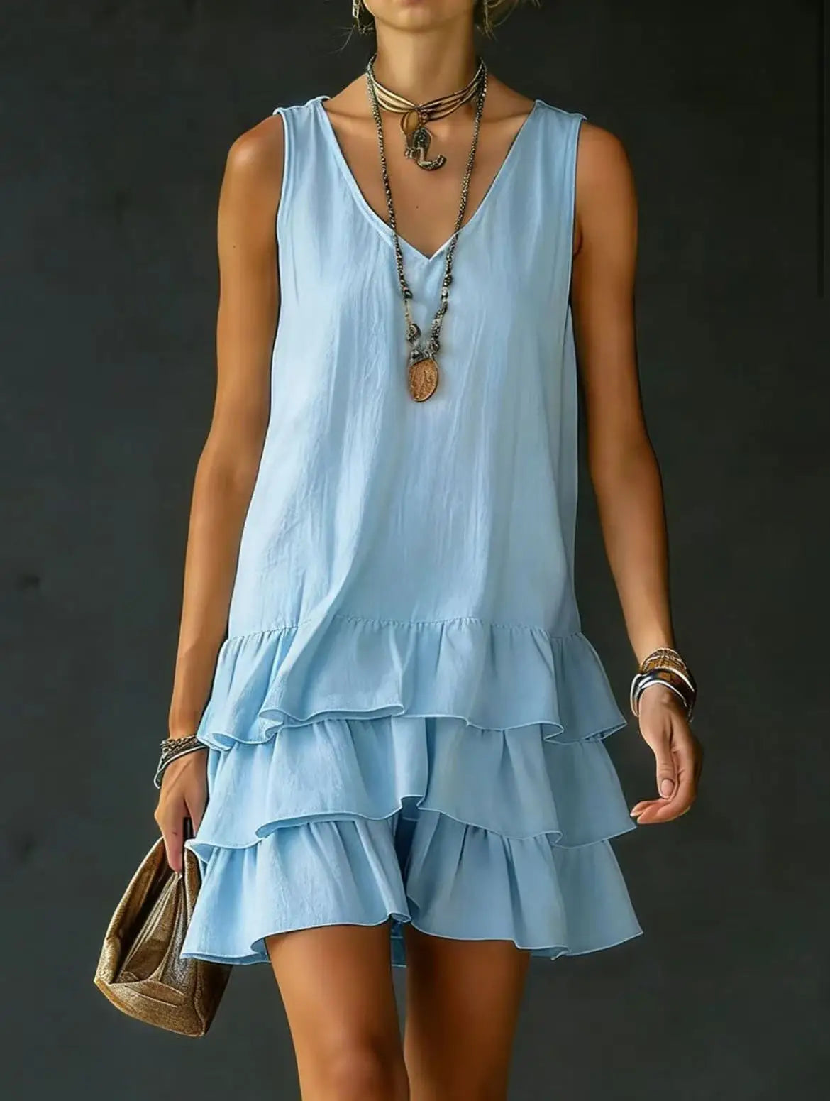 Blue - Sleeveless V-neck mini dress featuring a tiered ruffle skirt in a lightweight matte fabric
