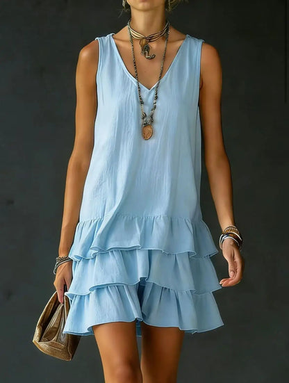 Blue - Sleeveless V-neck mini dress featuring a tiered ruffle skirt in a lightweight matte fabric
