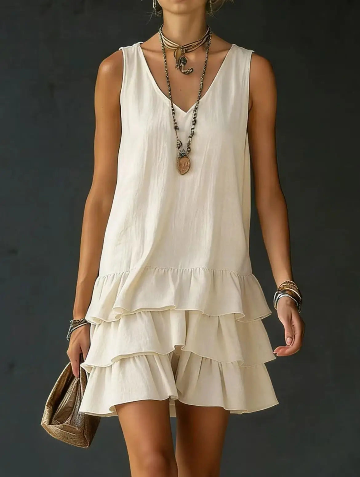 Beige - Sleeveless V-neck mini dress featuring a tiered ruffle skirt in a lightweight matte fabric
