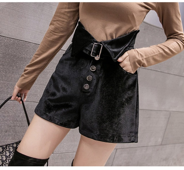 Teal velvet high-waisted shorts with collar belt