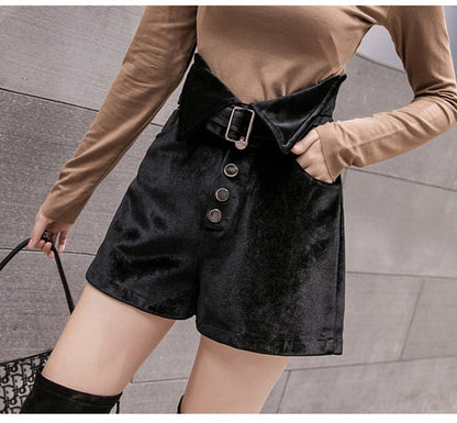 Teal velvet high-waisted shorts with collar belt