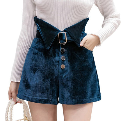 Teal velvet high-waisted shorts with collar belt