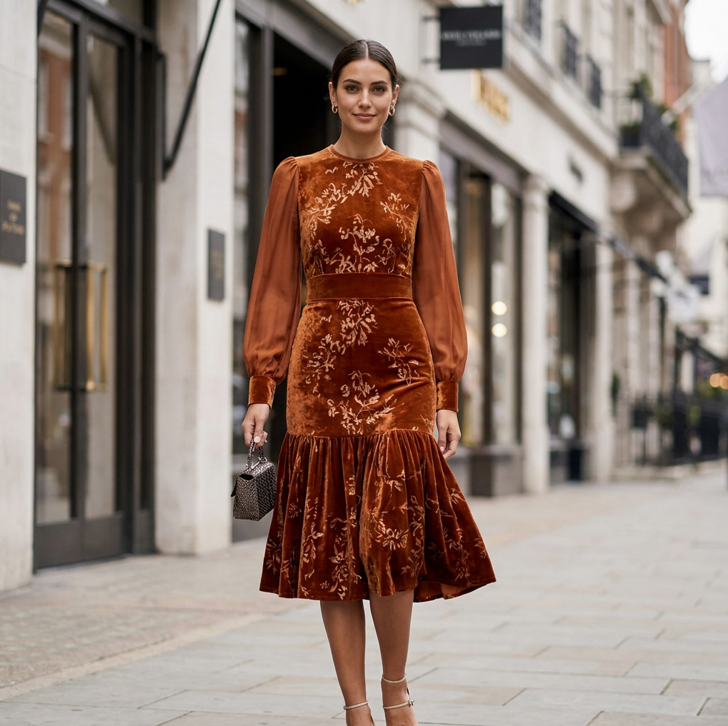 Velvet Drop Waist Midi Dress