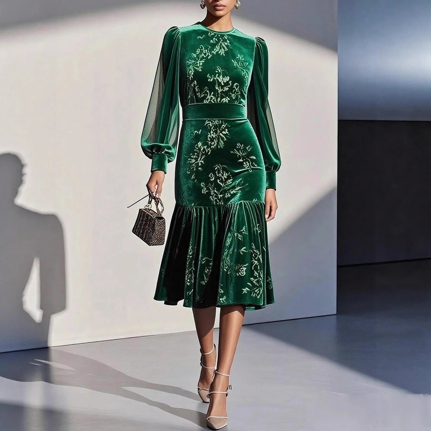 Velvet Drop Waist Midi Dress