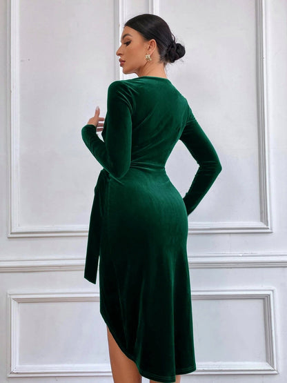 Velvet Ruched Tie Midi Dress