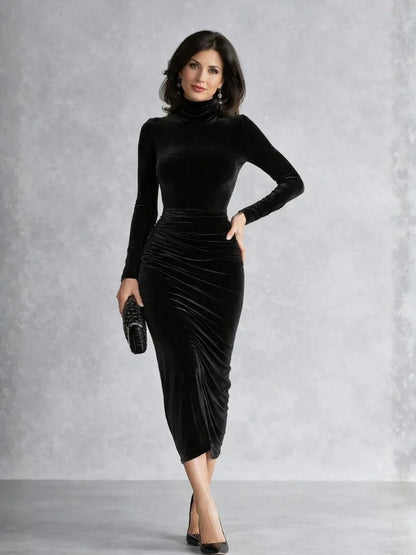 Velvet Turtleneck Ruched Midi Dress