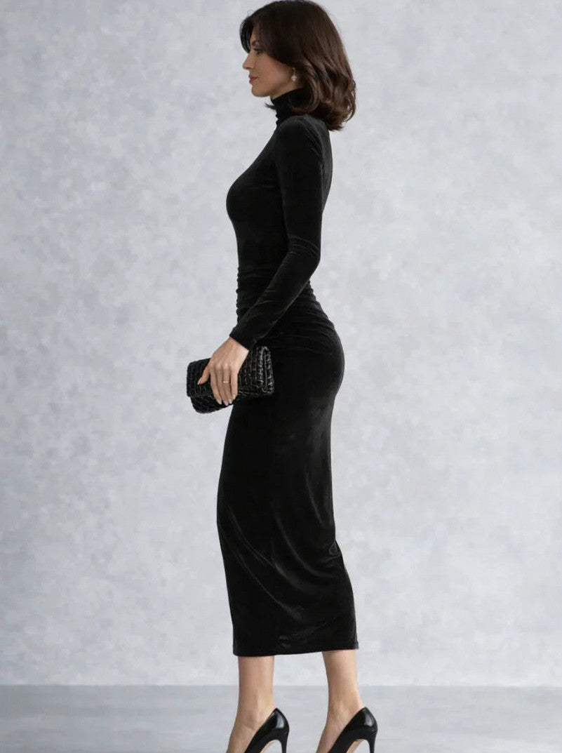 Velvet Turtleneck Ruched Midi Dress
