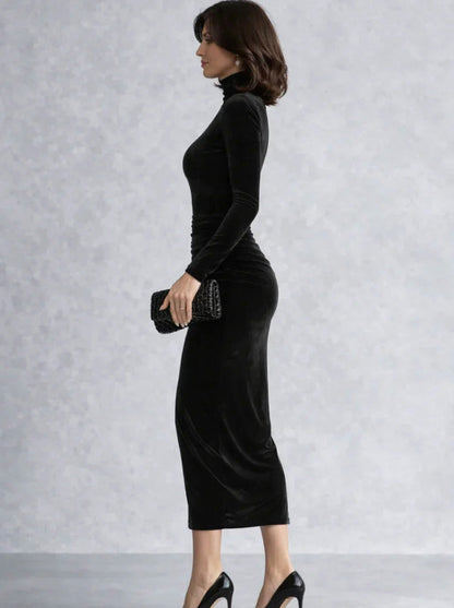 Velvet Turtleneck Ruched Midi Dress