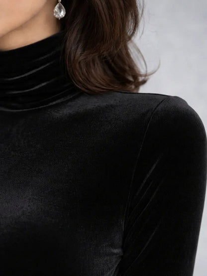 Velvet Turtleneck Ruched Midi Dress