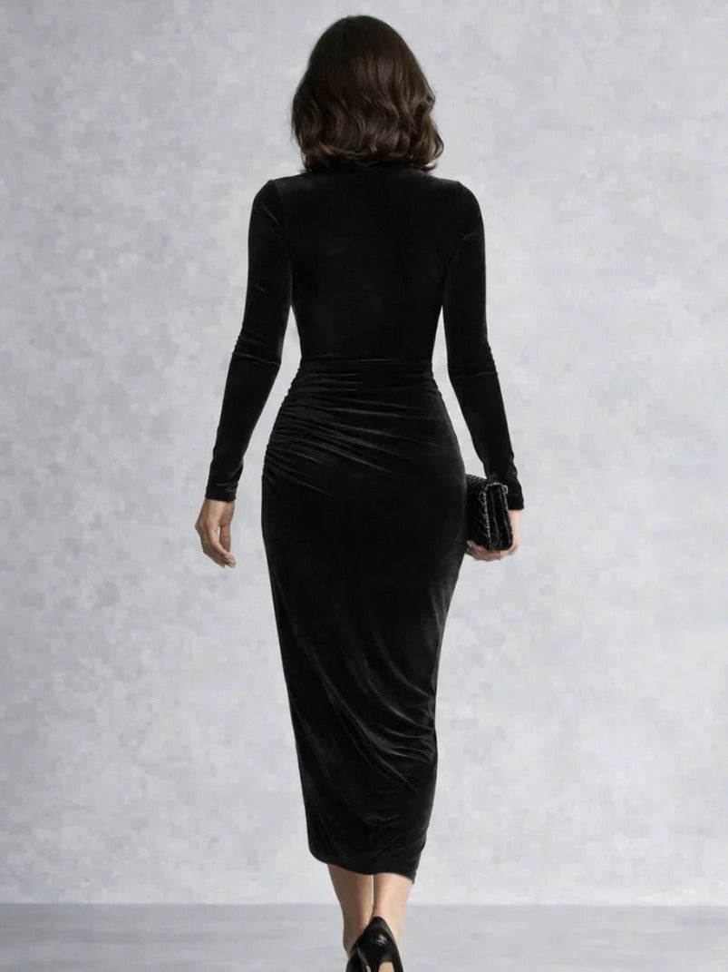 Velvet Turtleneck Ruched Midi Dress