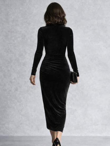 Velvet Turtleneck Ruched Midi Dress