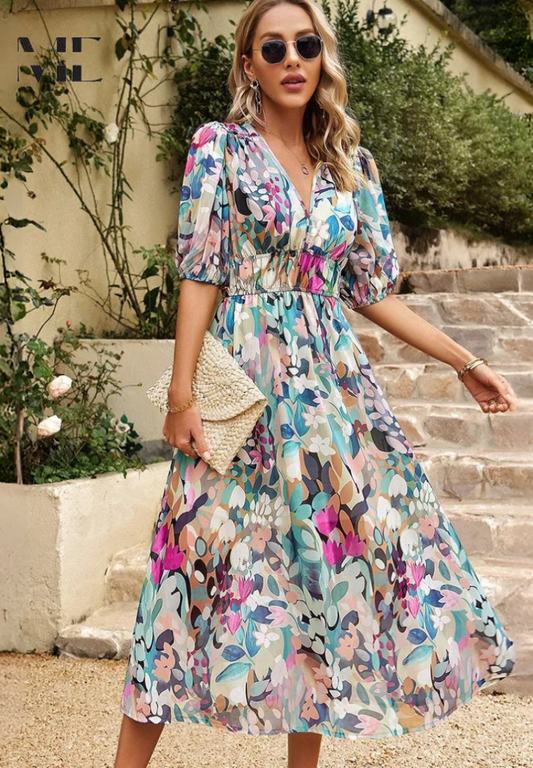 Light Blue - A woman wearing a vibrant, multicolored abstract floral print chiffon midi sundress with puff sleeves, a V-neckline, and a smocked waist, holding a woven straw clutch.