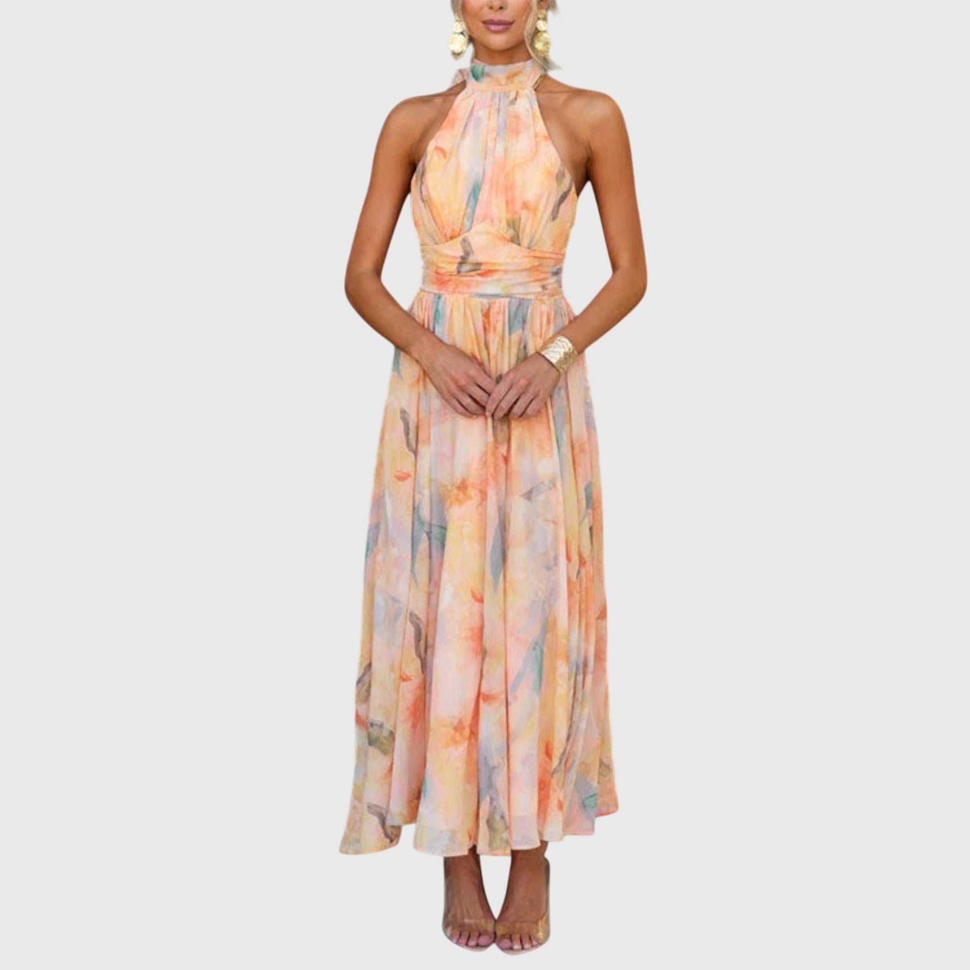 Chiffon Watercolor Floral Halter Neck Ruched Waist Flowy Maxi Dress