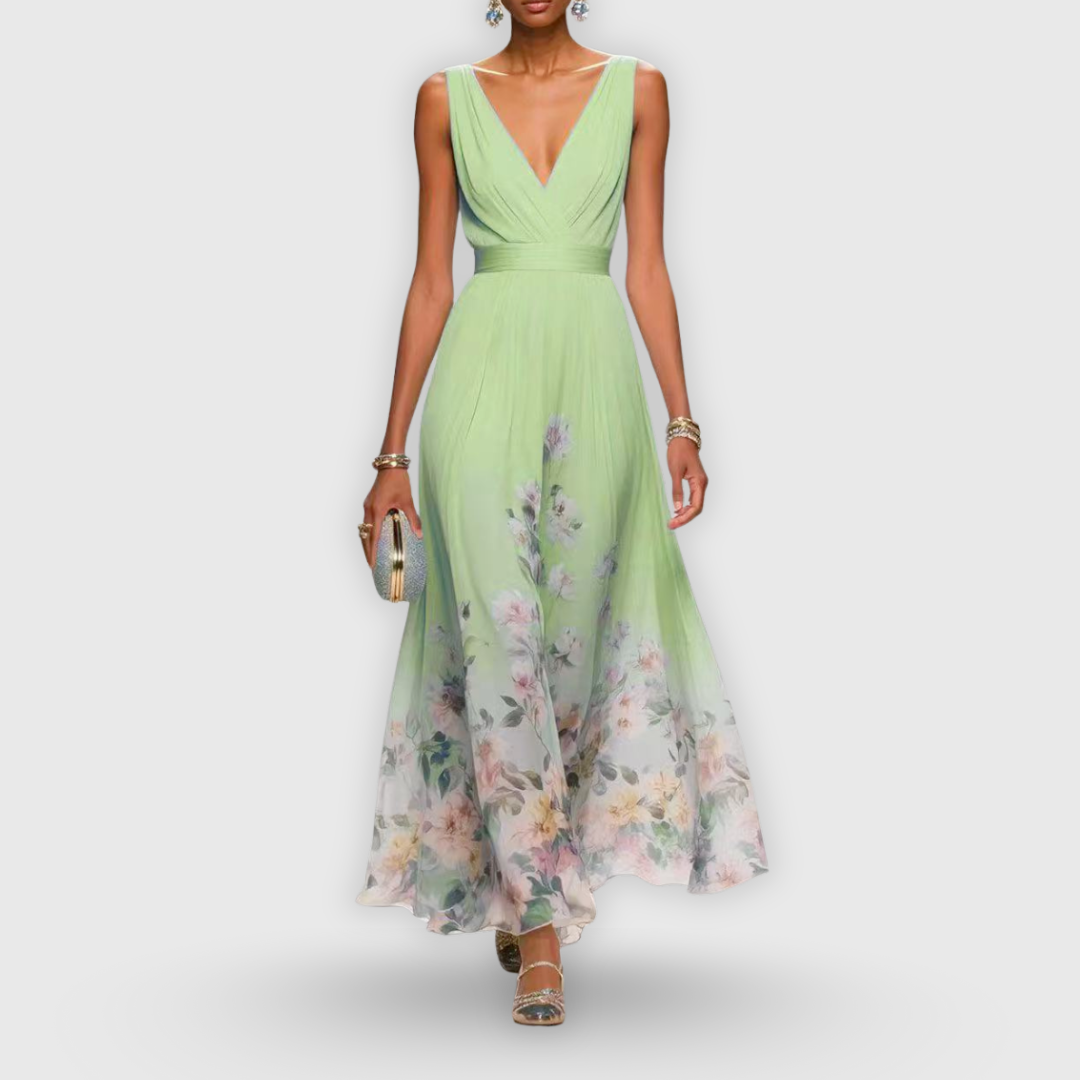Chiffon Watercolor Floral Sleeveless V-Neck Pleated Bodice Maxi Dress