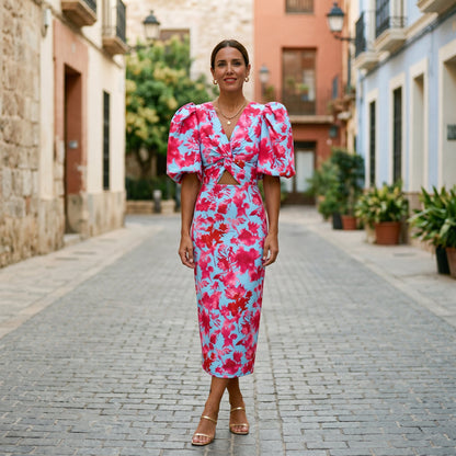 Green - Model wearing a woven abstract pattern midi dress featuring short puff sleeves, a deep V-neckline, and a heavily ruched center bodice against a white background.