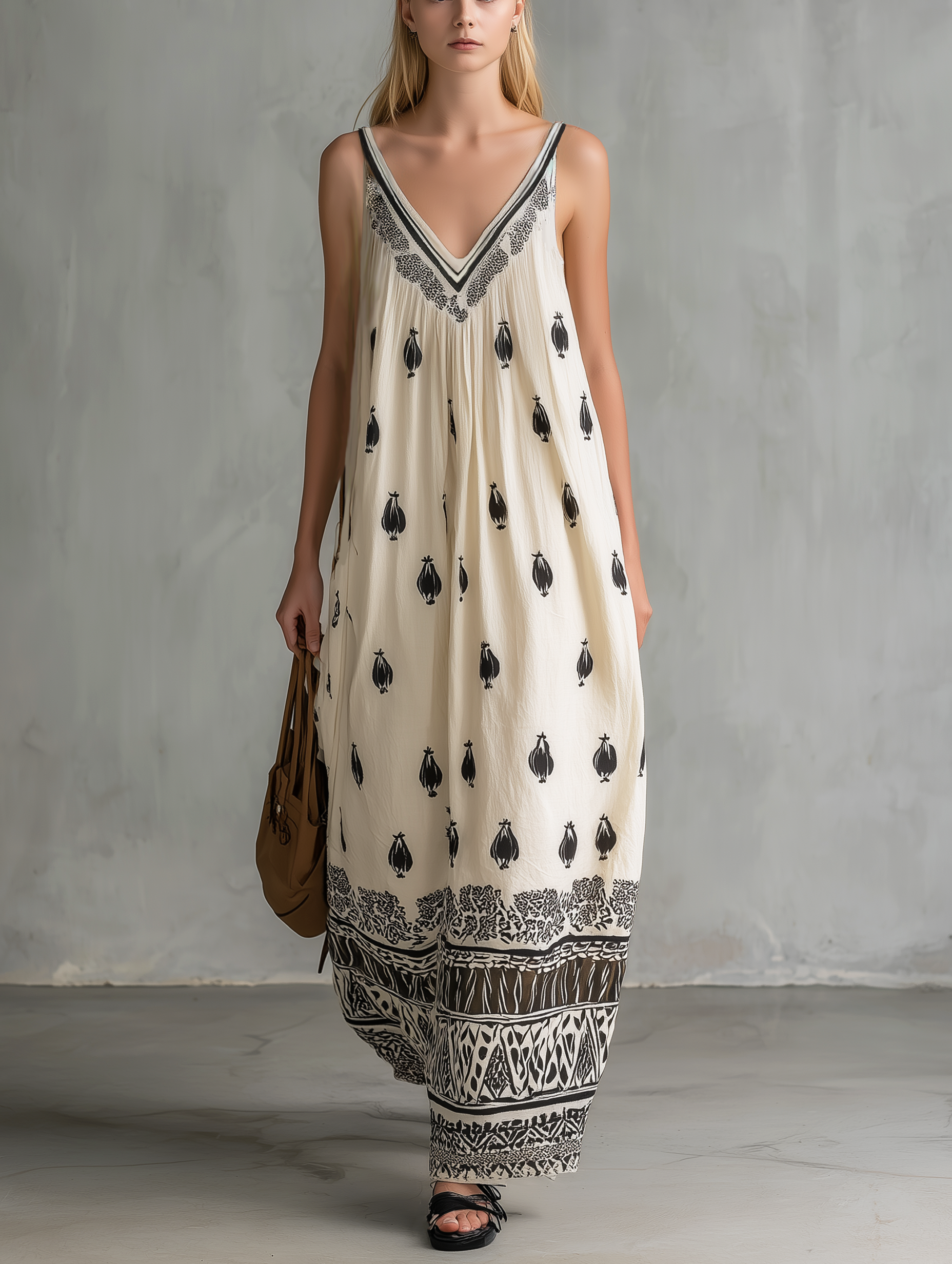 White - Model wearing a relaxed, woven maxi dress featuring a V-neckline and intricate motif print with a detailed border hem.
