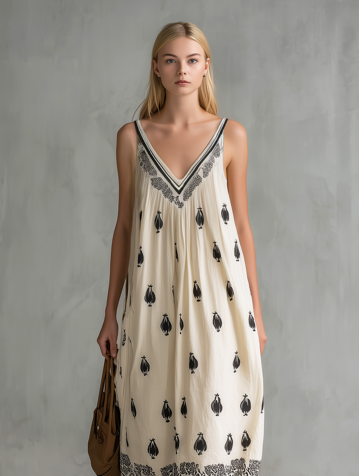 White - Model wearing a relaxed, woven maxi dress featuring a V-neckline and intricate motif print with a detailed border hem.