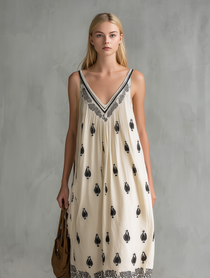 White - Model wearing a relaxed, woven maxi dress featuring a V-neckline and intricate motif print with a detailed border hem.