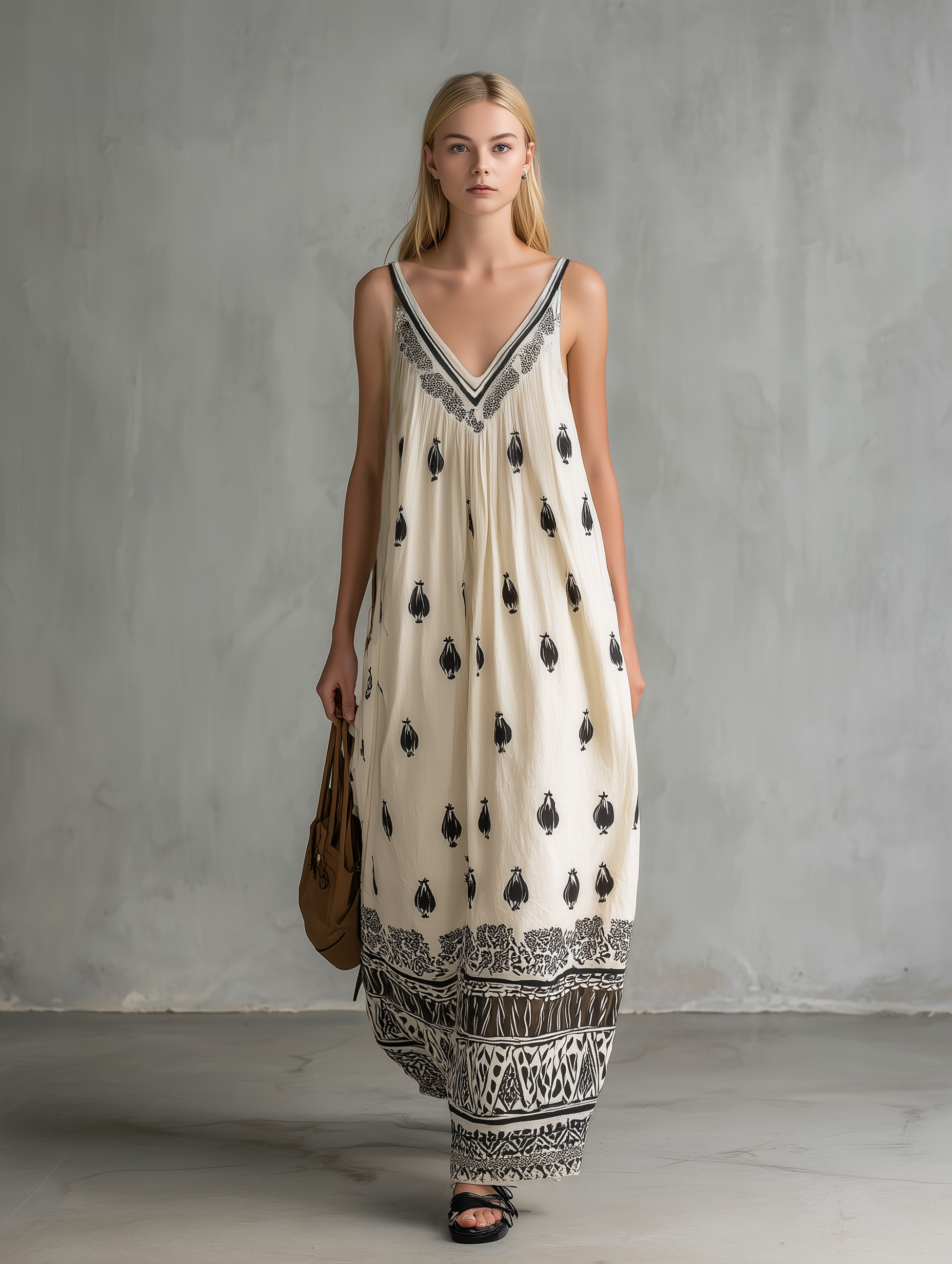 White - Model wearing a relaxed, woven maxi dress featuring a V-neckline and intricate motif print with a detailed border hem.