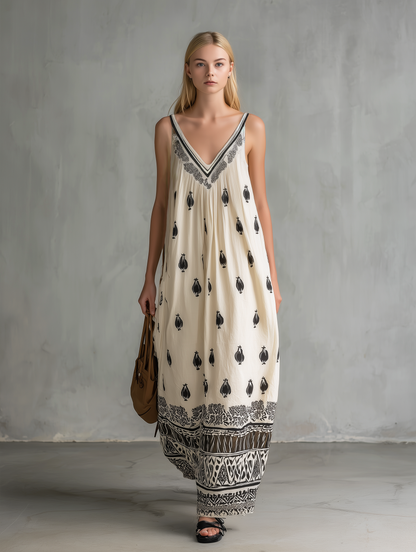 White - Model wearing a relaxed, woven maxi dress featuring a V-neckline and intricate motif print with a detailed border hem.