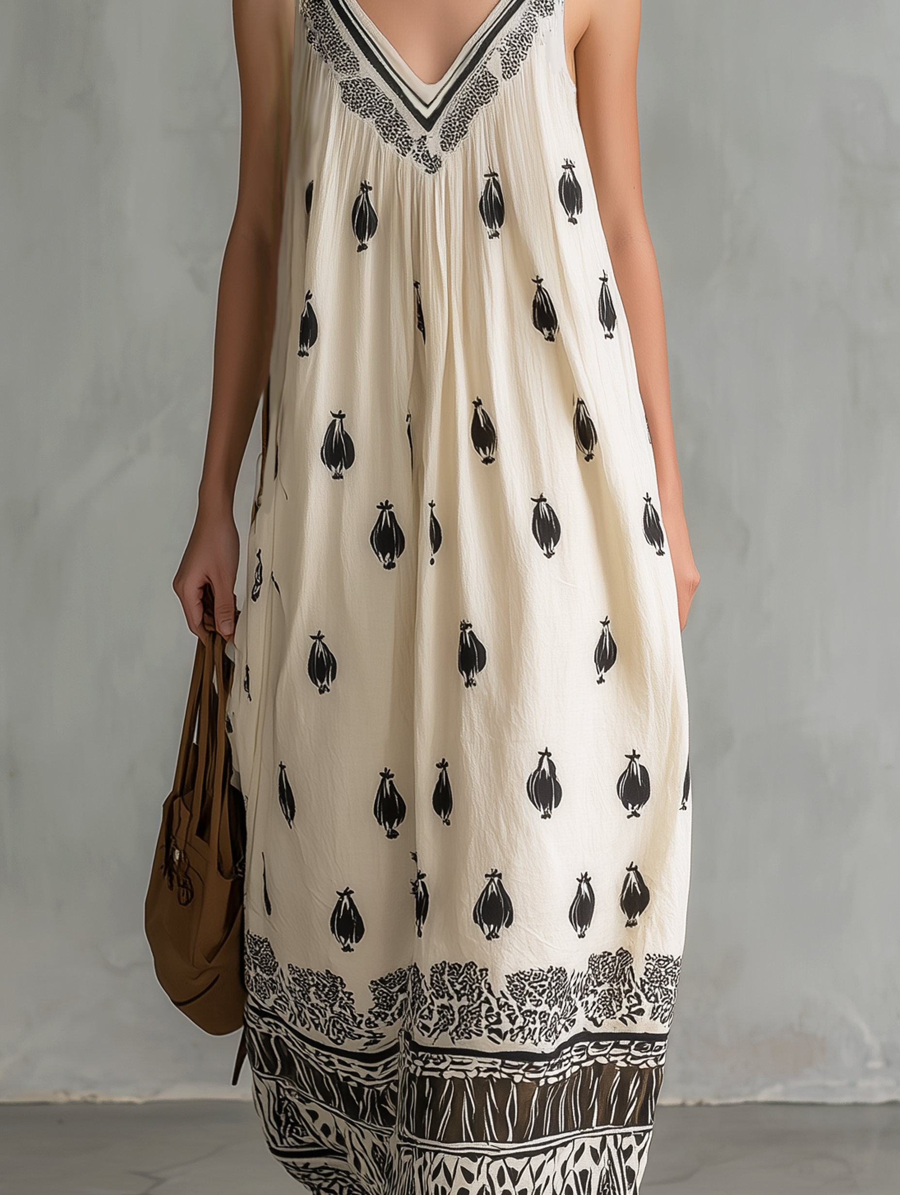 White - Model wearing a relaxed, woven maxi dress featuring a V-neckline and intricate motif print with a detailed border hem.