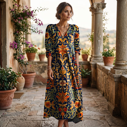 4XL - Model wearing a relaxed fit woven midi dress featuring a bold botanical print, v-neckline, and side pockets against a solid white background.