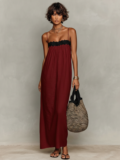 Red - Model wearing a relaxed fit woven maxi dress featuring spaghetti straps and a crochet-trimmed straight neckline, styled with a woven tote bag and sandals.