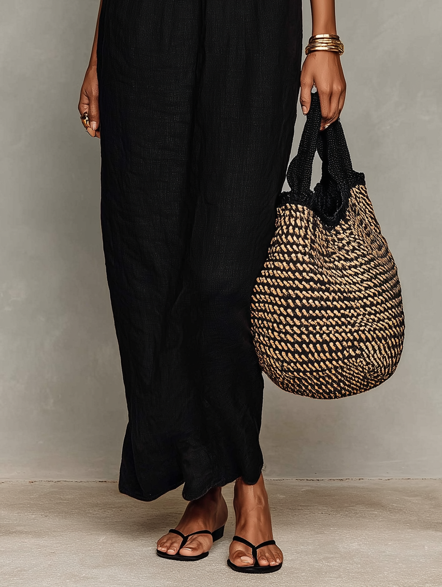Red - Model wearing a relaxed fit woven maxi dress featuring spaghetti straps and a crochet-trimmed straight neckline, styled with a woven tote bag and sandals.