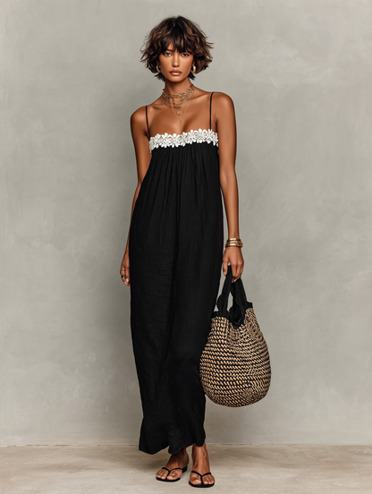 Red - Model wearing a relaxed fit woven maxi dress featuring spaghetti straps and a crochet-trimmed straight neckline, styled with a woven tote bag and sandals.