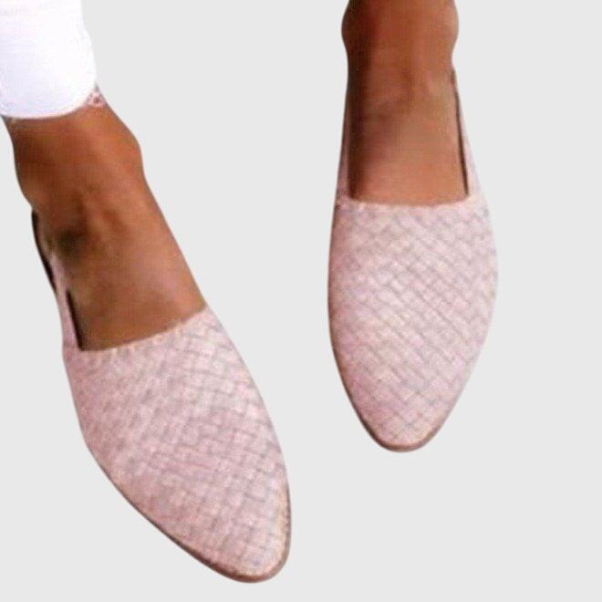 Light pink - Women's flat slip-on mules featuring a woven faux-leather upper and closed almond toe design.