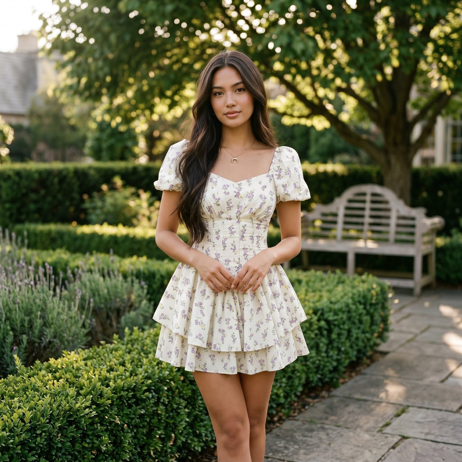Floral - Model wearing a floral print mini dress featuring a sweetheart neckline, short puff sleeves, corset-style bodice seaming, and a tiered ruffled skirt.