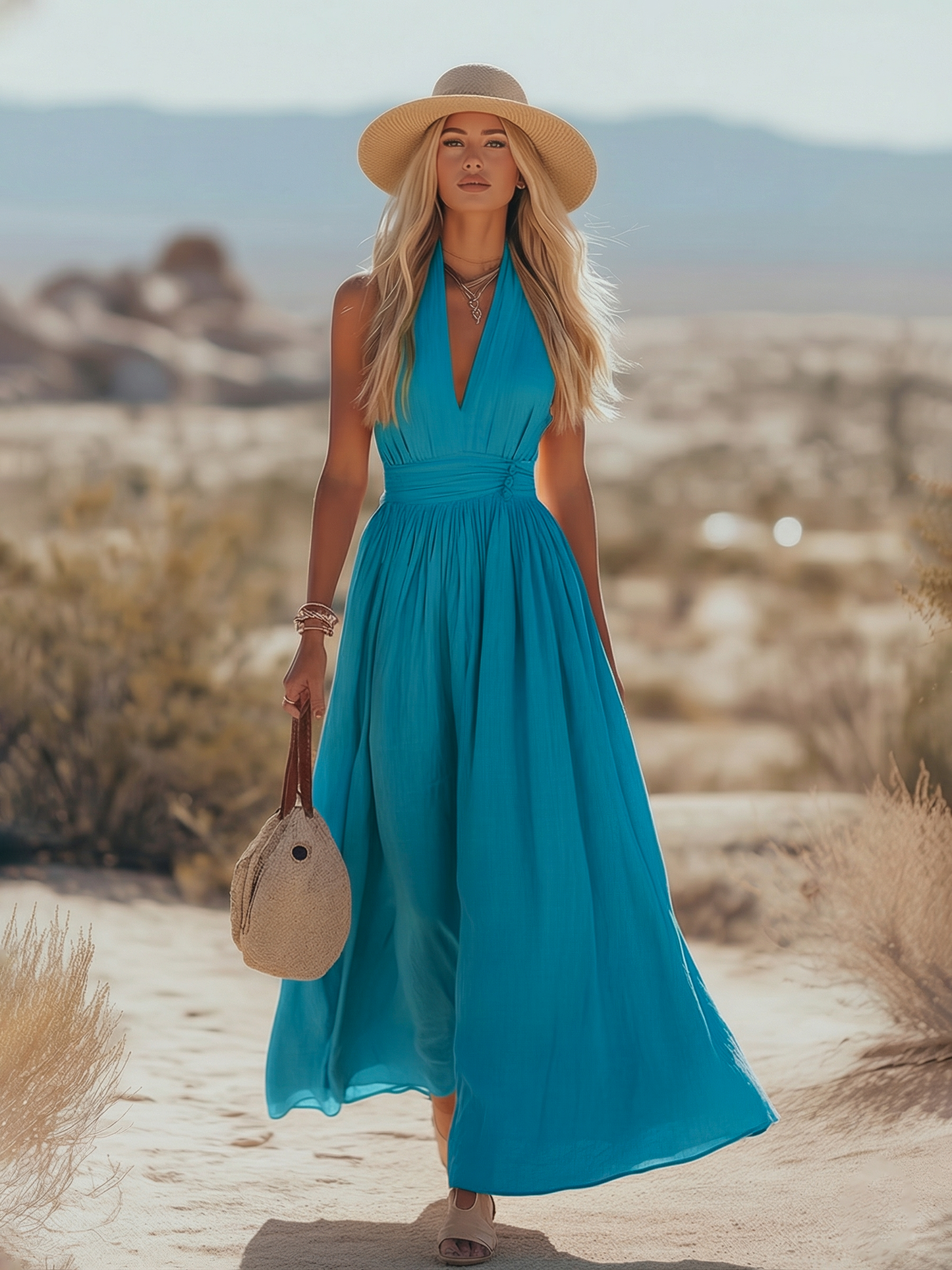 Teal - Woman walking outdoors in a desert landscape wearing a lightweight, sleeveless plunging V-neck maxi dress with a wide banded waist and side button details.