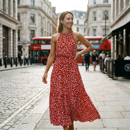 Red - Woman wearing a spotted halter neck maxi dress with a tie waist and tiered skirt.